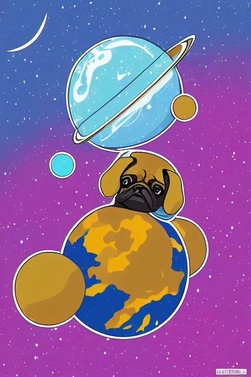 Image similar to planet pug floating in space, art by iktor miller gausa, sticker, colorful, illustration, highly detailed, simple, smooth and clean vector curves, no jagged lines, vector art, smooth