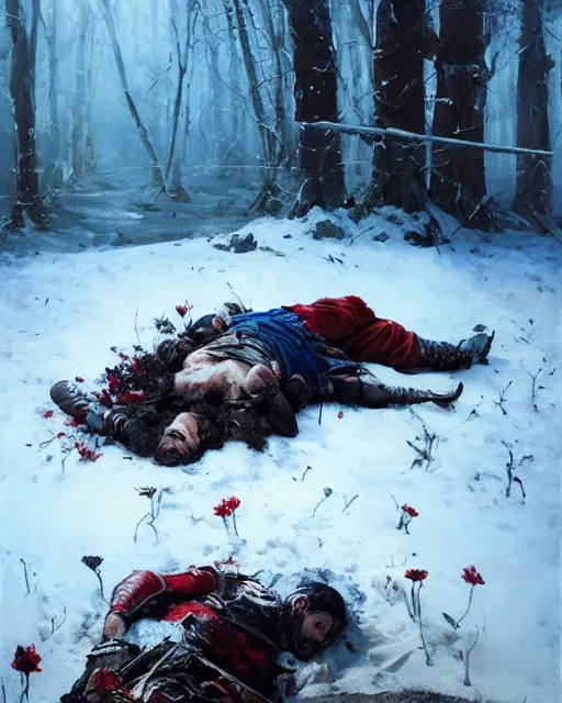 Image similar to Highly realistic oil painting of a wounded knight lying in the snow, surrounded by blue flowers, blood on flowers, by greg rutkowski, highly detailed, cinematic lighting, moody, dark