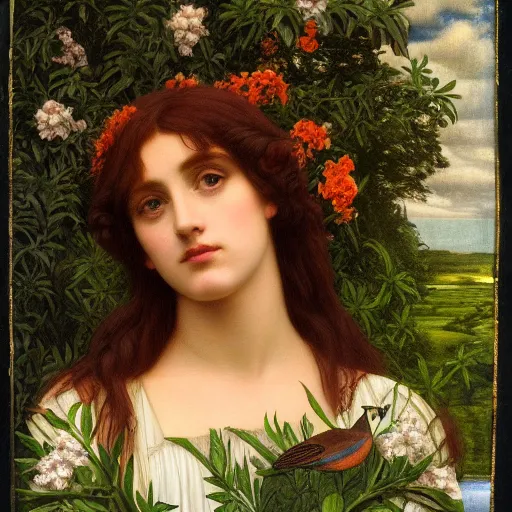 Prompt: Beautiful Pre-Raphaelite goddess of nature holding a little bird, in the style of John William Godward and Dante Gabriel Rossetti, close-up portrait, head in focus, flowers and plants, etheric, moody, intricate, mystical,