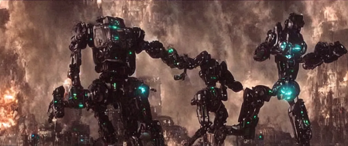 Image similar to sentinel robots from the matrix movie attacking Zion