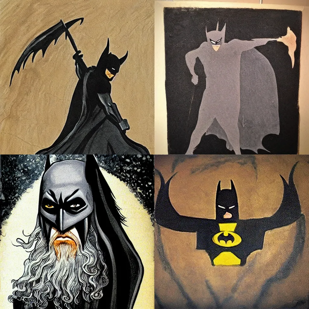 Prompt: cave painting of batman gandalf