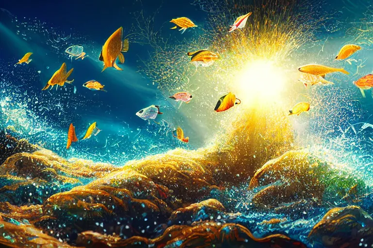 Image similar to portrait of goldfishes swarming the ocean. shadow and light. rays of light. energetic, dynamic, lively, detailed, intricate, complex. fine art by hayao miyazaki, akira toriyama, makoto shinkai, and ohara koson. studio lighting. tilt and shift lens.