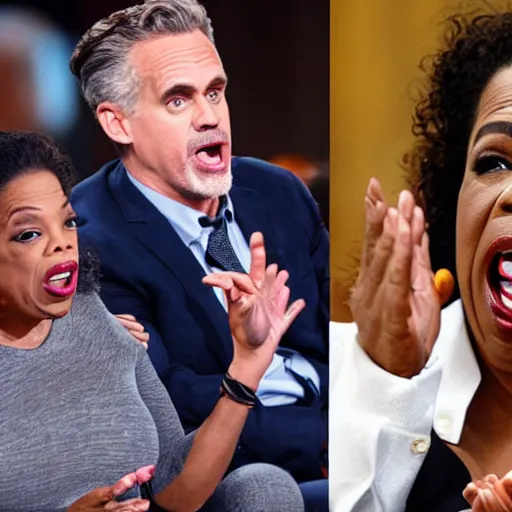 Image similar to Jordan Peterson screaming at Oprah who has hands in the air