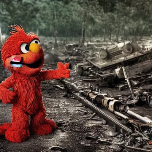 Image similar to elmo in the movie platoon 4k, high detail, high-resolution photograph, gory, war, vietnam