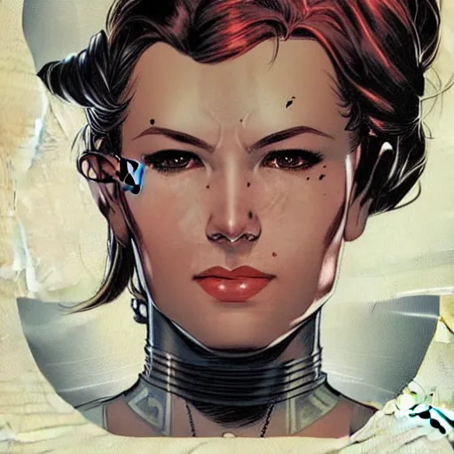 Prompt: portrait of a female android, by MARVEL comics and Joseph Christian Leyendecker and Sandra Chevrier