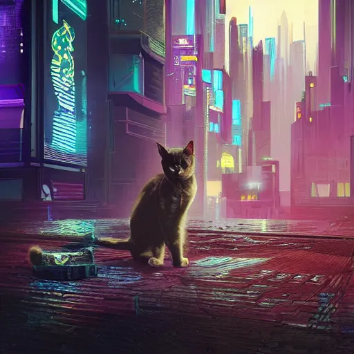 Prompt: a cat in a cyberpunk world, hyperrealistic