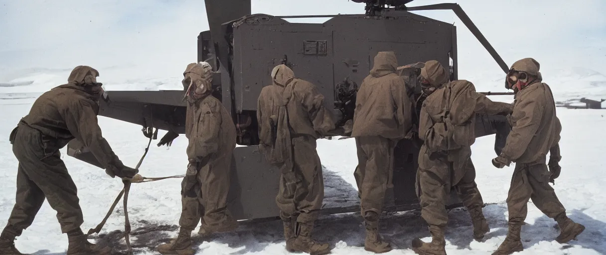 Prompt: extreme closeup color movie like 3 5 mm photograph of a middle aged caucasian us soldiers unloading dark grey metal rectangular crate from a black military 1 9 8 2 helicopter at a top secret military base in antarctica