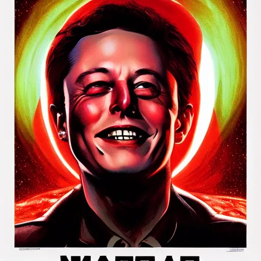 Image similar to movie poster of elon musk as a villain who looks at the planet mars with a macabre smile, his face is illuminated with a red light, drew struzan style