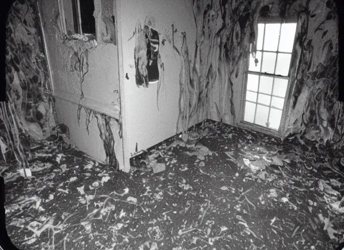 Prompt: 1 9 9 3, disposable camera, flash, pov, old abandoned house, male : creature, standing, meat, ooze, slime, veins, wet