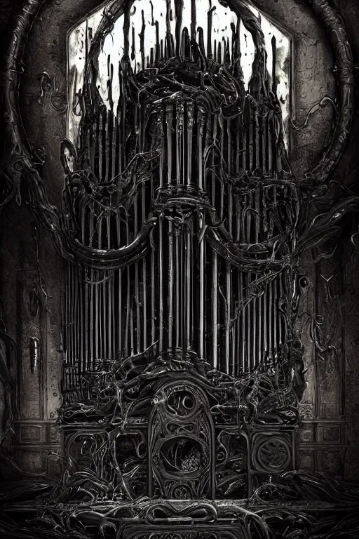 Prompt: ornate stone pipe organ drenched in black goop and machinery, lovecraftian, horror art, 4K, dark art, artstation, dramatic lighting,