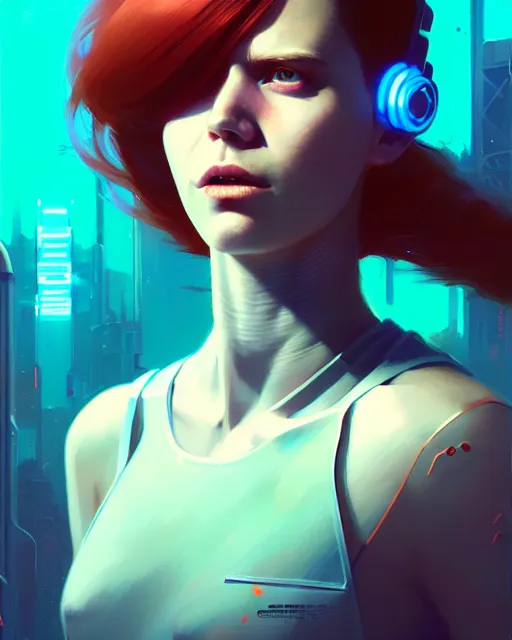 Prompt: cyberpunk synth, hyper - realistic detailed portrait of a happy girl, red hair, cinematic, by atey ghailan, by greg rutkowski, by greg tocchini, by james gilleard, by joe fenton, by kaethe butcher, 8 k, very intricate, dynamic lighting, gradient light blue, brown, blonde cream and white color scheme, sharp focus, grunge aesthetic