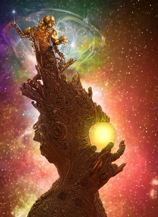 Image similar to high intricate 3 d cg of the sandman holding a glimmering galaxy, full shot, neil gaiman, maria panfilova, andrea savchenko, mike kime, ludovic plouffe, qi sheng luo, oliver cook, julian calle, eddie mendoza, trending on artstation