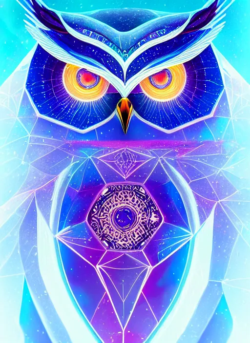 Image similar to symmetry!! product render poster vivid colors divine proportion owl, ice and snow, glowing fog intricate, elegant, highly detailed, digital painting, artstation, concept art, smooth, sharp focus, illustration,