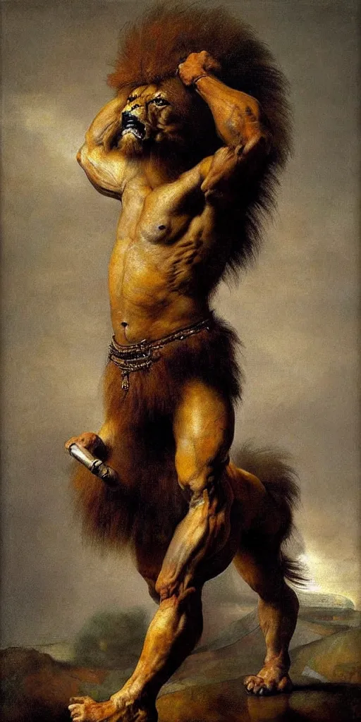 Prompt: muscular lion as barbarian hunter full body human legs , very textured detailed oil painting by rembrandt