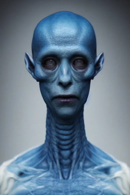 Prompt: Hyper realistic portrait of a Blue alien, Dark Studio Lighting, fog, by Emil Melmoth, Trending on Artstation, 8k