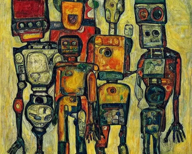 Image similar to a painting of a robot family by graham sutherland, egon schiele, neo - expressionism