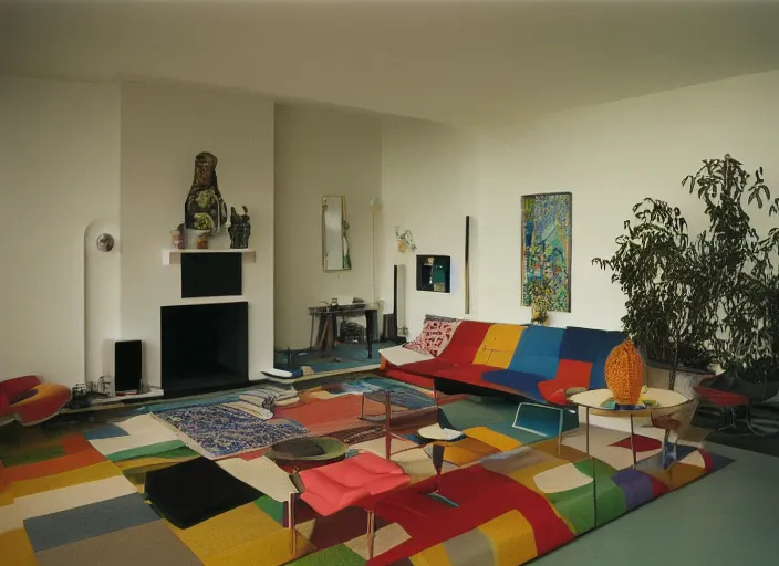 Prompt: 3 5 mm photogaphy of the interior of a living room by memphis group