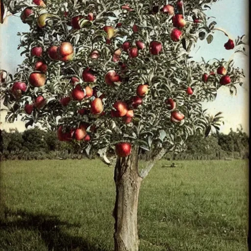 Prompt: a vintage photo of an old apple computer with an apple tree growing out of it