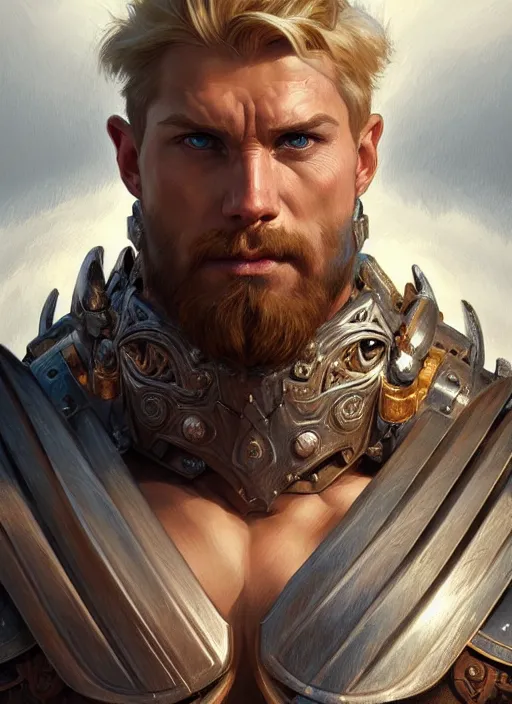 Image similar to symmetry! portrait of barbarian man, short blond hair, d & d, muscular!! angry!!! armour, fantasy, intricate, elegant, highly detailed, digital painting, artstation, concept art, smooth, sharp focus, illustration, art by artgerm and greg rutkowski and alphonse mucha