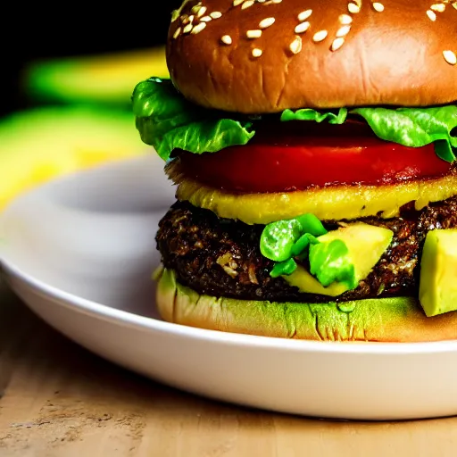 Prompt: juicy vegan hamburger topped with pineapple and avocado, crispy buns, 8 k resolution, food photography, studio lighting, sharp focus, hyper - detailed