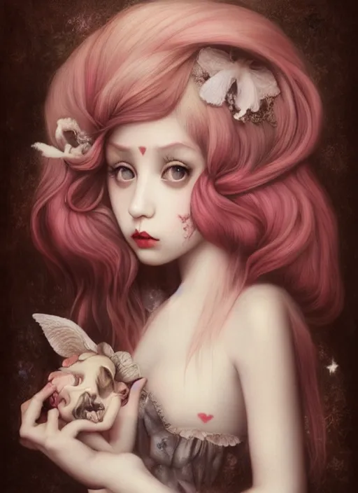 Image similar to pop surrealism, lowbrow art, realistic cute seductive feminine girl painting, japanese street fashion, hyper realism, muted colours, rococo, natalie shau, loreta lux, tom bagshaw, mark ryden, trevor brown style,