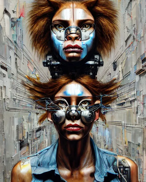 Prompt: a portrait of an anthropomorphic cyberpunk lioness by sandra chevrier, by jon foster, detailed render, tape deck, epic composition, cybernetics, 4 k realistic, cryengine, realistic shaded lighting, sharp focus, masterpiece, by enki bilal