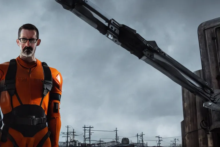 Image similar to vfx movie closeup real life gordon freeman holding wearing futuristic armor, half life logo on chest, crowbar in russian train yard by emmanuel lubezki