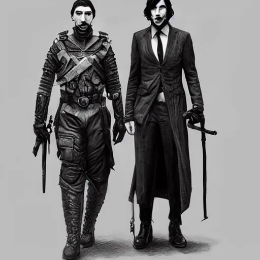 Image similar to portrait of both john oliver and adam driver standing together looking stoic, full body, military uniform, fantasy, intricate, elegant, beautiful, highly detailed, charcoal, centered, dark, smokey, digital painting, artstation, concept art, smooth, sharp focus, illustration, art by artgerm and greg rutkowski and alphonse mucha