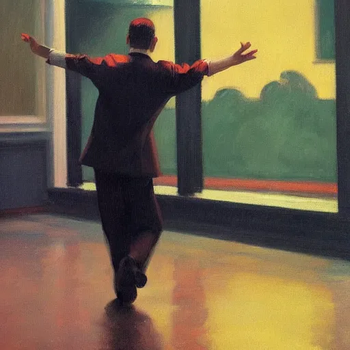 Image similar to man dancing in the rain, edward hopper, trending on artstation,