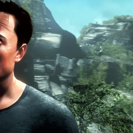 Image similar to portrait of elon musk in tomb raider ( 1 9 9 7 ), in game graphic, ps 5 gameplay, screenshot, high quality