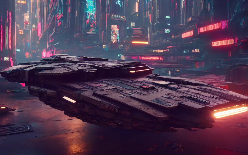 Image similar to ( cyberpunk 2 0 7 7, bladerunner 2 0 4 9 ) in focus detailed background, a highly detailed futuristic biomechanical thick smooth millennium falcon, 8 k, photographic, octane render, photorealistic, render by stephen martiniere, brian sum and annie leibowitz, the movie by ridley scott