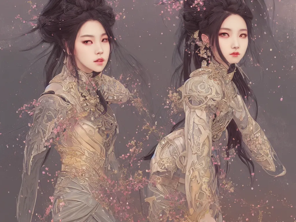 Image similar to portrait jisoo blackpink, grey hair armored samurai clothes, in fire japanese temple wet night, ssci - fi and fantasy, intricate and very very beautiful and elegant, digital painting, artstation, concept art, smooth and sharp focus, illustration, art by tian zi and wlop and alphonse mucha