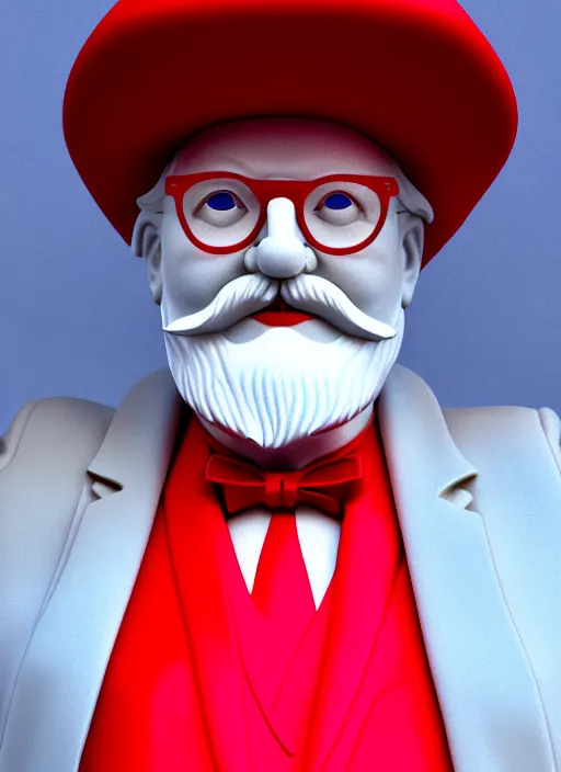 Prompt: colonel sanders as marble statue, in red background, soft red texture, red realistic 3 d render, high red lights, 4 k, high detailed photography cape, 5 0 mm lens, rich blue colors, smooth gradients, depth of field, cinematic