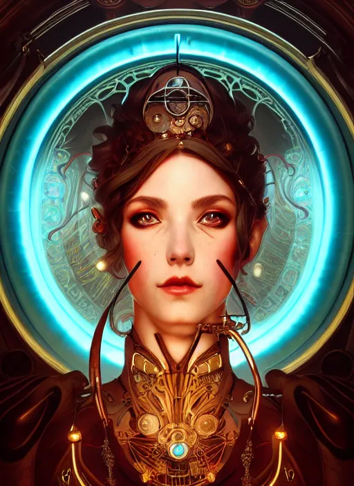 Image similar to the goddess artemis smirking, steampunk, glowing eyes, volumetric lights, red and cyan theme, art nouveau botanicals, intricate, highly detailed, digital painting, artstation, concept art, smooth, sharp focus, cinematic, illustration, beautiful face, art by artgerm and greg rutkowski and alphonse mucha