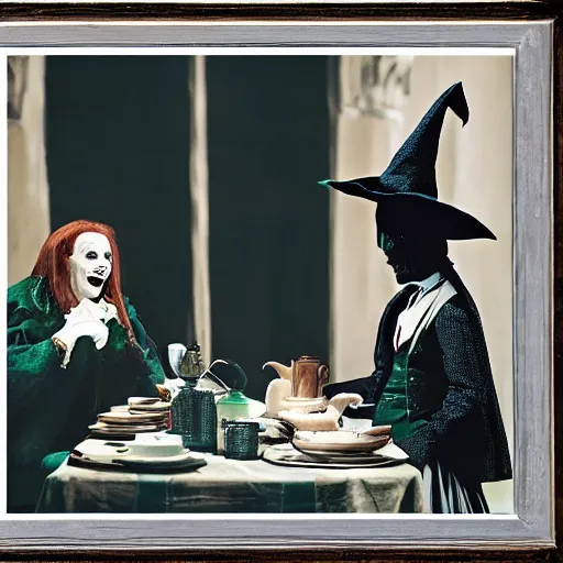 Image similar to ' the wicked witch having tea with harry potter, phorograph by annie leibovitz'