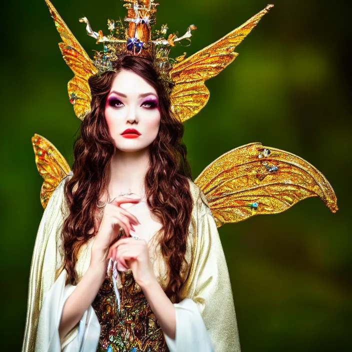 Image similar to photo of a very beautiful!! fairy queen with ornate sparkling robes, highly detailed, 4 k, hdr, smooth, sharp focus, high resolution, award - winning photo