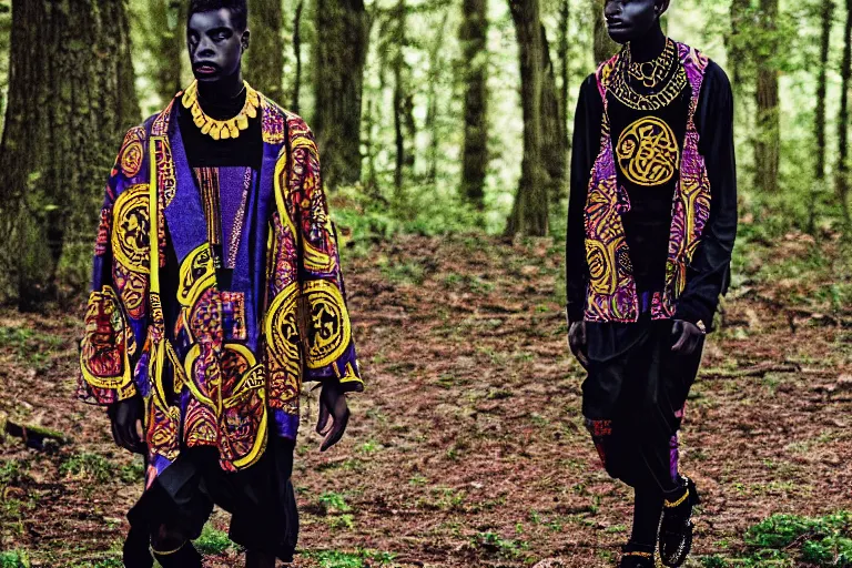 Image similar to versace avant garde male toga intricate textiles streetwear cyberpunk african american black skin in the woods overcast late evening dramatic 3 5 mm professional color