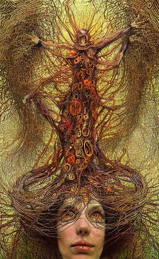 Prompt: beautiful psychedelic shaman covered in amanita mushrooms in the style of peter gric