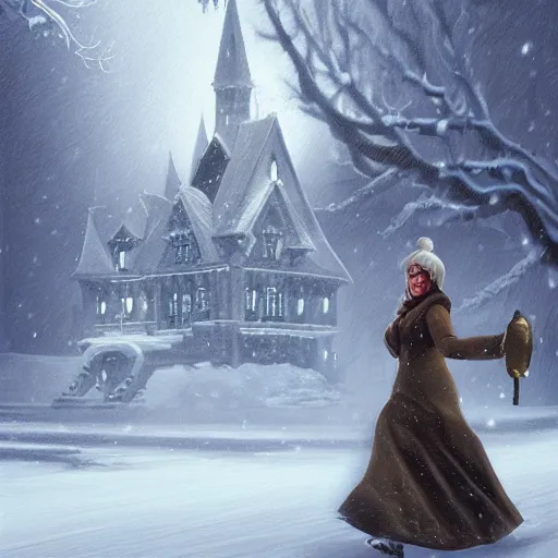 Prompt: woman running Evil castle in the snow, inspired by Evgeny Lushpin,George, greg rutkowski winter,nighttime,cinematic,art station