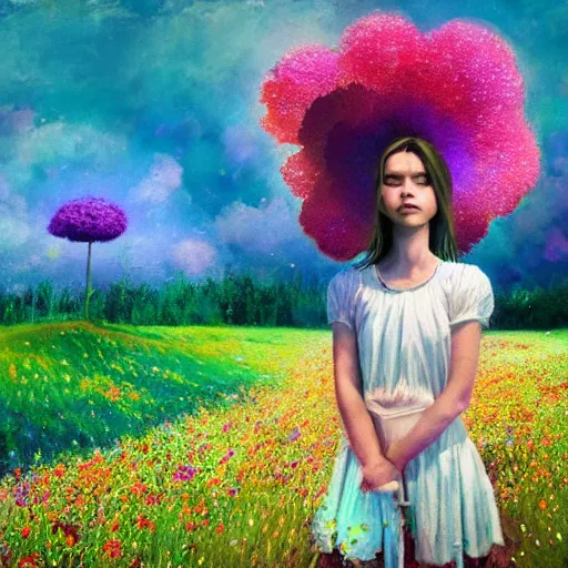 Prompt: girl with a gargantuan flower as a face, surreal photography, dream, standing in flower field, hills, big trees, sunrise dramatic light, impressionist painting, colorful clouds, digital painting, pointillism, artstation, simon stalenhag, flower face