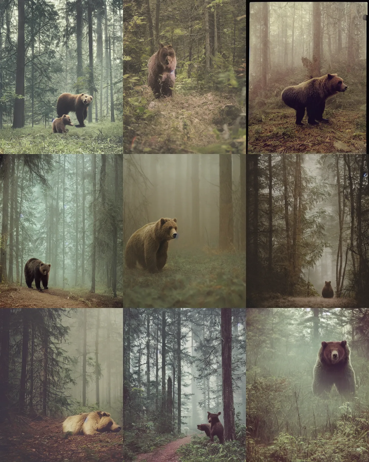 Prompt: grizzly bear in forest jungle , Cinematic focus, Polaroid photo, vintage , neutral dull colors, foggy mist , by discovery channel, by oleg oprisco , by national archives, by victor enrich , by gregory crewdson