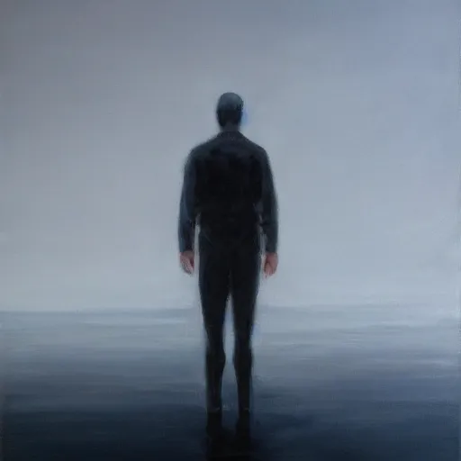 Image similar to man floating in the blackness, oil painting, pale colors, high detail, 8 k, wide angle, trending on artstation,