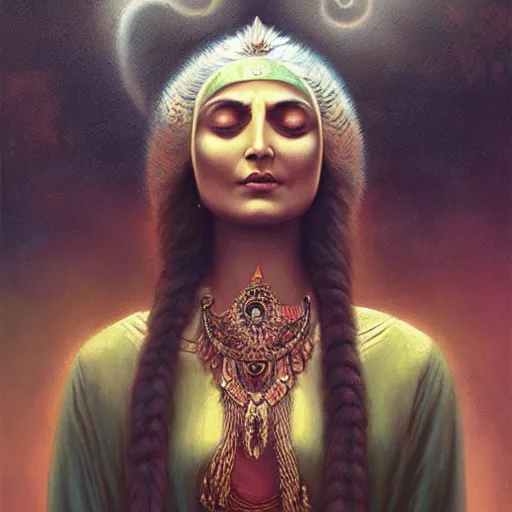 Prompt: old Indian majestic lady, looking upwards, meditation, despair, mystic, by Anato Finnstark, Tom Bagshaw, Brom