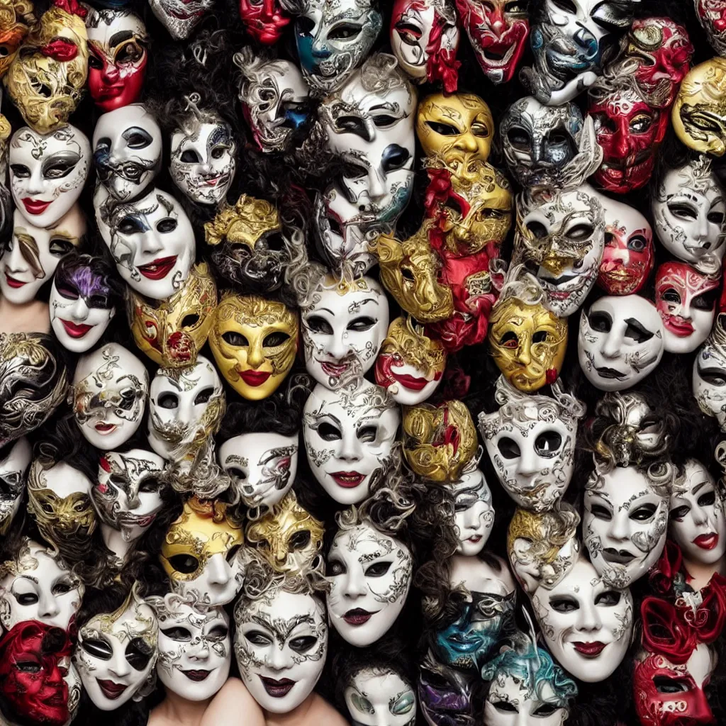 Prompt: An amalgamation of many faces is wearing Venetian masks, as a bizzare photo of the year portrait winning photography