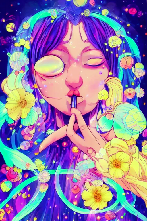 Image similar to psychedelic, whimsical, anime, 4k, beautiful intimate woman blowing smoke, with professional makeup, long trippy hair, a crystal and flower dress, sitting in a reflective pool, surrounded by gems, underneath the stars, rainbow fireflies, trending on patreon, deviantart, twitter, artstation, volumetric lighting, heavy contrast, art style of Ross Tran and Viktoria Gavrilenko and Ilya Kuvshinov