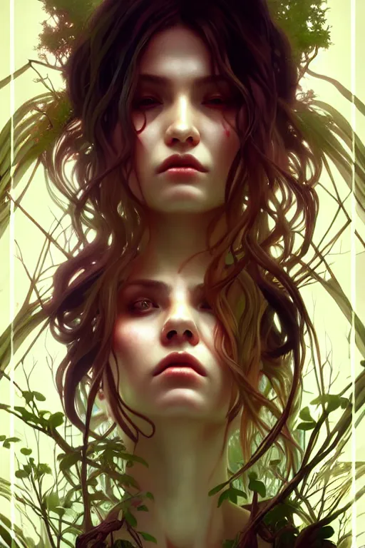 Image similar to beautiful digital painting of a stylish horror female forest with high detail, 8 k, stunning detail, works by artgerm, greg rutkowski and alphonse mucha, unreal engine 5, 4 k uhd