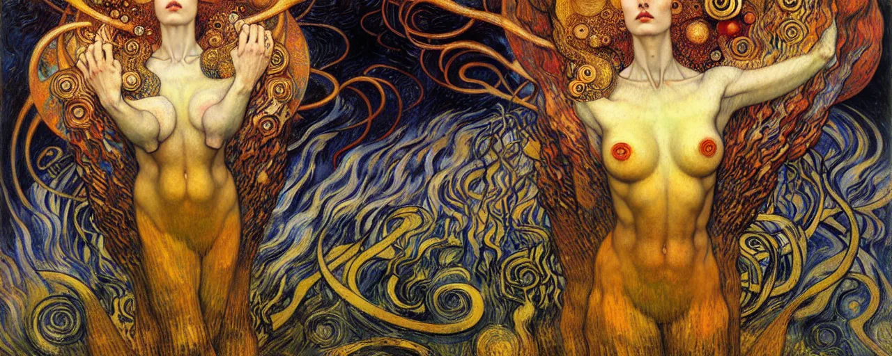 Image similar to Divine Chaos Engine by Karol Bak, Jean Delville, William Blake, Gustav Klimt, and Vincent Van Gogh, symbolist, visionary