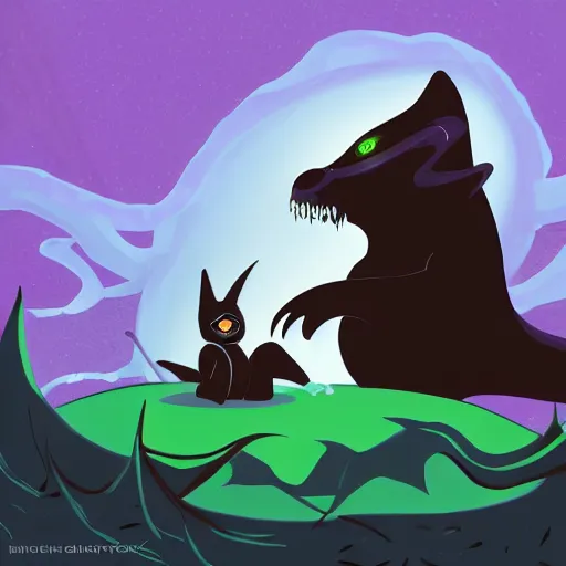 Image similar to a giant bat monster eating a baby harp seal, dark alien world with deep purple and green vines, swamp, genndy tartakovsky, primal, scary lighting, clear focus, very coherent