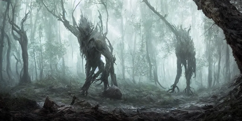 Prompt: evil treebeard walking in an ancient forest, greg rutkowski, 8 k, shallow depth of field, ultra high detail, concept art,