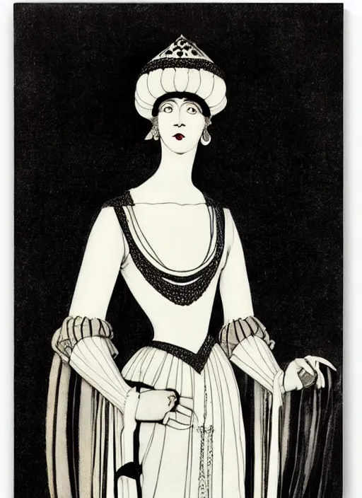 Image similar to portrait of young woman in renaissance dress and renaissance headdress, art by aubrey beardsley